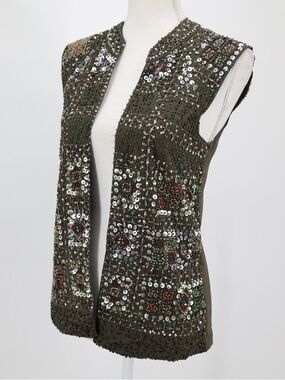 Zara Trafaluc Beaded Sequin Embroidered Boho Festival Open Front Vest Olive XS